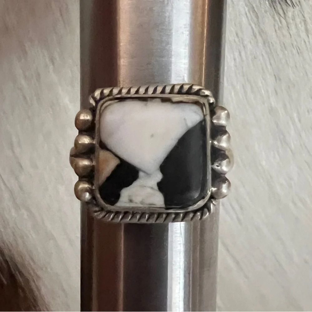 ❤️ White Buffalo Turquoise Square 925 Ring Navajo Style Matte ADJ SZ 5 to 7.5